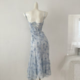 Sexy Mermaid Spaghetti Straps Blue Floral Midi Summer Dress Holiday Party Birthday Outfits For Womens HZ1121