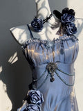 Vintage High Low Spaghetti Straps Blue 16th Birthday Dress With Sleeves Lolita Dress Satin Birthday Outfits HZ1121