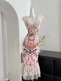 Cute Mermaid V Neckline Floral Pink Lace Long Summer Dress For Women HZ1121