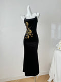 Sexy Mermaid Spaghetti Straps Black Velvet Long Summer Dress For Women HZ1121