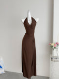 Sexy Sheath Halter Summer Brown Long Dress Holiday Party Outfits For Women HZ1121