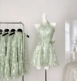 Sweet A Line Halter Green Floral Summer Short Women Summer Holiday Dresses HZ1121
