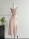 Cute Mermaid Straps Floral Pink Lace Long Summer Dress For Women HZ1121