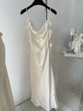 Cute A line Spaghetti Straps Champagne Floral Long Satin Summer Dress For Women HZ1121