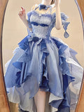 Vintage High Low Off The Shoulder Short Sleeves 16th Blue Birthday Dress Lolita Dress Birthday Outfits HZ1121