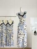 Sexy Sheath Straps Floral Blue Summer Dress Holiday Party Outfits For Women HZ1121