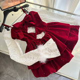 Cute Spaghetti Straps Red Ruffles Velvet Summer Dress 3 Pieces Holiday Party Outfits For Women HZ1121