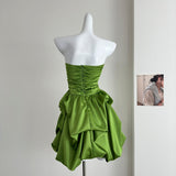 Cute A line Strapless Green Satin Short Summer Dress Holiday Party Birthday Outfits HZ1121