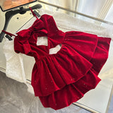Cute Spaghetti Straps Red Ruffles Velvet Summer Dress 3 Pieces Holiday Party Outfits For Women HZ1121