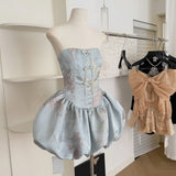 Cute Ball Gown Strapless Satin Floral Pink Short Summer Dress Holiday Party Outfits For Women HZ1121