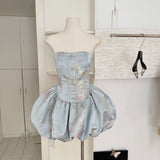 Cute Ball Gown Strapless Satin Floral Pink Short Summer Dress Holiday Party Outfits For Women HZ1121