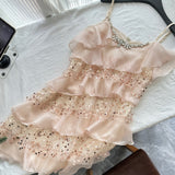 Cute A Line Spaghetti Straps Pink Sequin Casual Dress Summer Short Holiday Dresses HZ1121