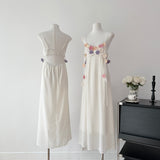 Cute A Line Spaghetti Straps Floral White Chiffon Summer Dress Holiday Party Outfits For Girls HZ1121