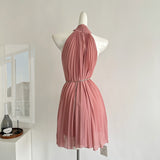 Sexy A line Halter Neckline Pink Short Chiffon Summer Dress Holiday Party Outfits For Women HZ1121