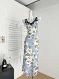 Sexy Sheath Straps Floral Blue Summer Dress Holiday Party Outfits For Women HZ1121