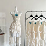 Cute Sheath Spaghetti Straps Ivory Ruffles Casual Dress Summer Outfits Short Holiday Dresses HZ1121