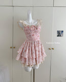 Cute Ball Gown Square Satin Floral Pink Short Summer Dress Holiday Party Outfits For Women HZ1121