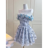 Simple A line Strapless Blue Lace Party Dresses Short Formal Homecoming Dresses Night Chic Elegant Short Dresses Cocktail Dress 18th Birthday Outfits Hoco Dresses HZ1121