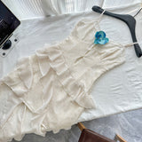 Cute Sheath Spaghetti Straps Ivory Ruffles Casual Dress Summer Outfits Short Holiday Dresses HZ1121