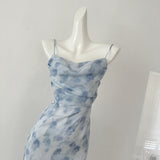 Blue summer romance song neck halter design goddess dress long and short chiffon dress for women HZ1121