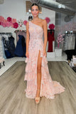 One Shoulder Blush Pink Tiered Ruffle Long Formal HZ0308