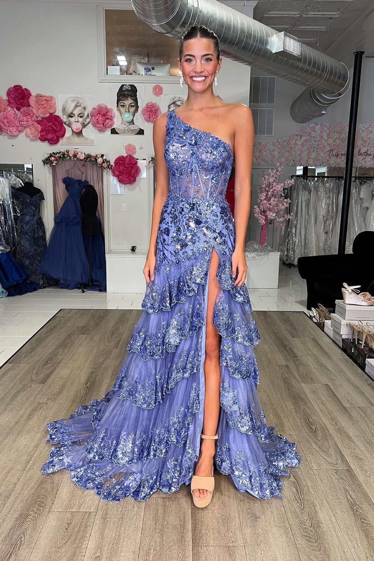 One Shoulder Blush Pink Tiered Ruffle Long Formal HZ0308