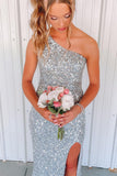 One Shoulder Silver Sequin Mermaid Long Formal Dress with HZ0308