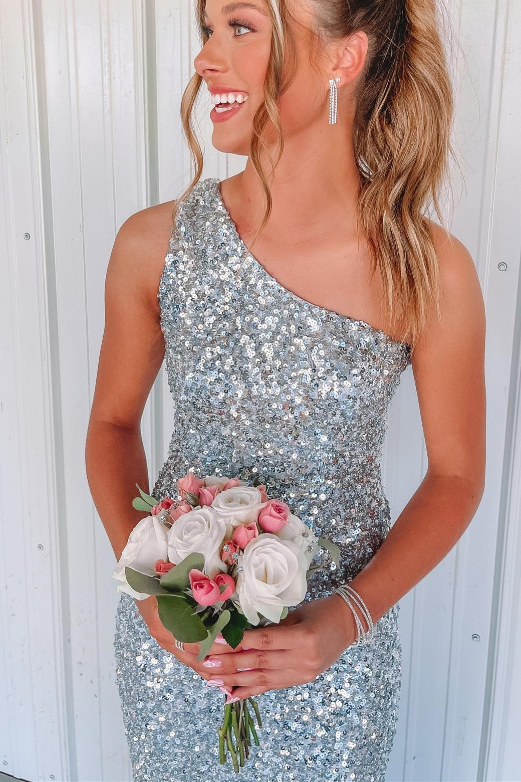 One Shoulder Silver Sequin Mermaid Long Formal Dress with HZ0308