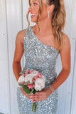 One Shoulder Silver Sequin Mermaid Long Formal Dress with HZ0308