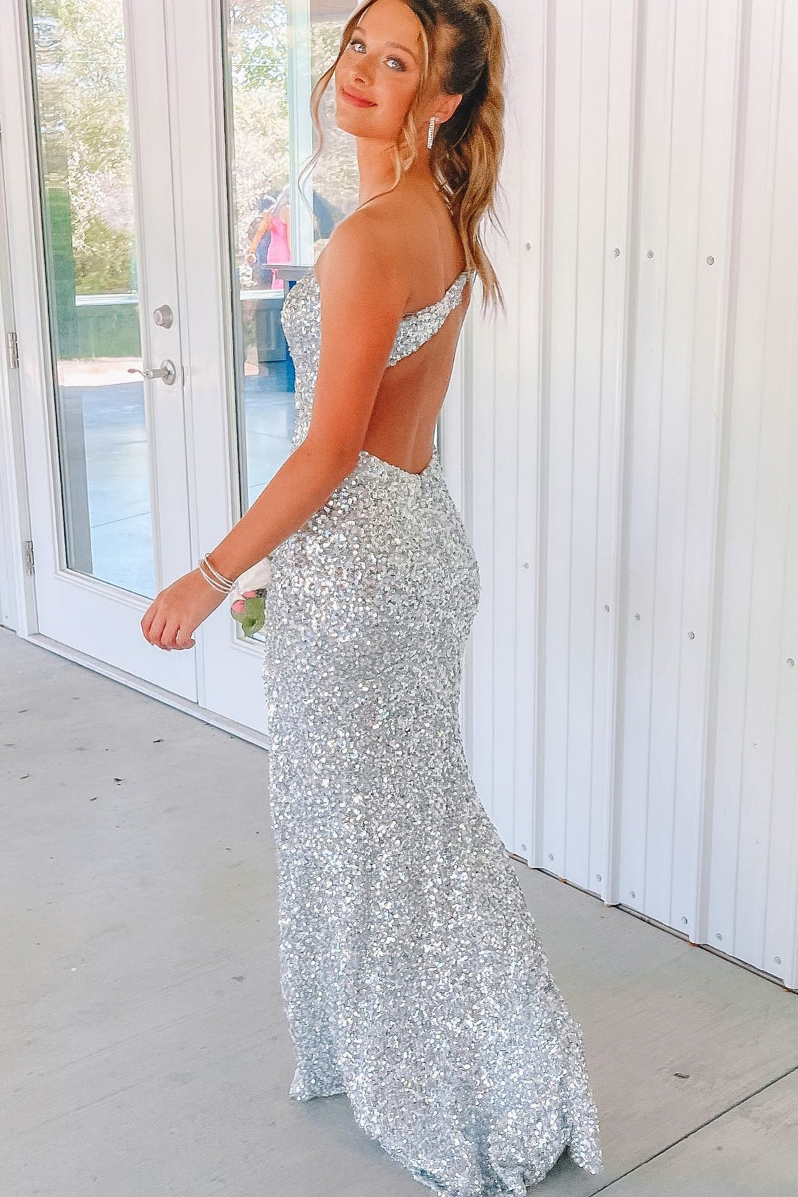 One Shoulder Silver Sequin Mermaid Long Formal Dress with HZ0308