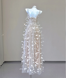 Classy A Line Square Neckline Champagne Tulle Long Prom Dresses HZ1121