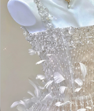 Classy A Line Square Neckline Champagne Tulle Long Prom Dresses HZ1121