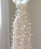 Classy A Line Square Neckline Champagne Tulle Long Prom Dresses HZ1121