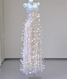 Classy A Line Square Neckline Champagne Tulle Long Prom Dresses HZ1121