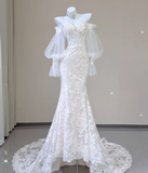 Elegant Mermaid Off The Shoulder Tulle Wedding Dresses Lace Brides Dress HZ1121