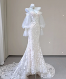 Elegant Mermaid Off The Shoulder Tulle Wedding Dresses Lace Brides Dress HZ1121