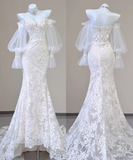 Elegant Mermaid Off The Shoulder Tulle Wedding Dresses Lace Brides Dress HZ1121