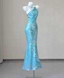 Classy Mermaid Spaghetti Straps Blue Sequin Evening Dress Long Prom Dresses HZ1121