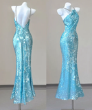 Classy Mermaid Spaghetti Straps Blue Sequin Evening Dress Long Prom Dresses HZ1121