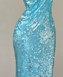 Classy Mermaid Spaghetti Straps Blue Sequin Evening Dress Long Prom Dresses HZ1121