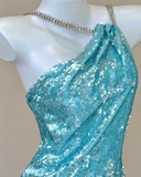 Classy Mermaid Spaghetti Straps Blue Sequin Evening Dress Long Prom Dresses HZ1121