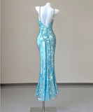 Classy Mermaid Spaghetti Straps Blue Sequin Evening Dress Long Prom Dresses HZ1121