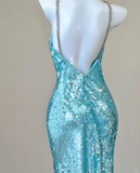 Classy Mermaid Spaghetti Straps Blue Sequin Evening Dress Long Prom Dresses HZ1121