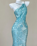 Classy Mermaid Spaghetti Straps Blue Sequin Evening Dress Long Prom Dresses HZ1121