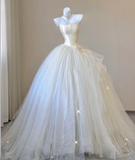 Elegant Ball Gown Strapless Tulle Satin Wedding Dresses Long Brides Dress HZ1121