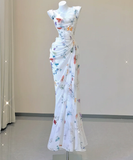 Classy Mermaid Square Neckline Floral Chiffon White Long Prom Dresses HZ1121