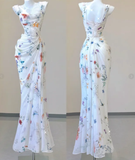 Classy Mermaid Square Neckline Floral Chiffon White Long Prom Dresses HZ1121