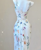 Classy Mermaid Square Neckline Floral Chiffon White Long Prom Dresses HZ1121
