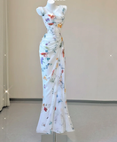 Classy Mermaid Square Neckline Floral Chiffon White Long Prom Dresses HZ1121