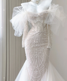 Elegant Mermaid Off The Shoulder Sequin Long Sleeves Wedding Dresses Brides Dress HZ1121